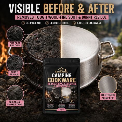 KineShineX Camping Cookware Smudge and Smoke Residue Cleaning Powder powerfully removes smudges and smoke residue from camping cookware. (1/4)