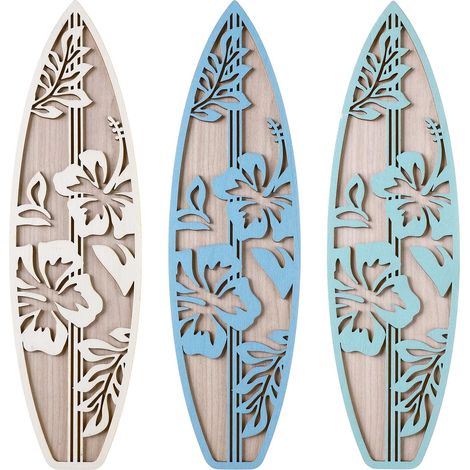 Ensemble de 3 décorations murales en bois représentant des planches de surf et des hibiscus, idéal pour une chambre à coucher sur une plage tropicale (bleu). (1/5)