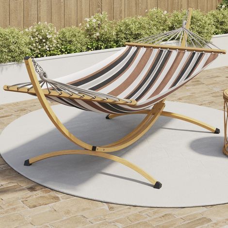 Hamaca XL con soporte metálico efecto madera y tela a rayas negras, blancas y chocolate