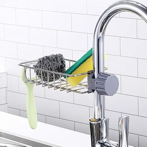 Porte-éponge pour évier de cuisine, porte-éponge amovible réglable sur robinet, support de robinet en acier inoxydable pour cuisine, porte-éponge, organisateur d'évier de cuisine (1/5)