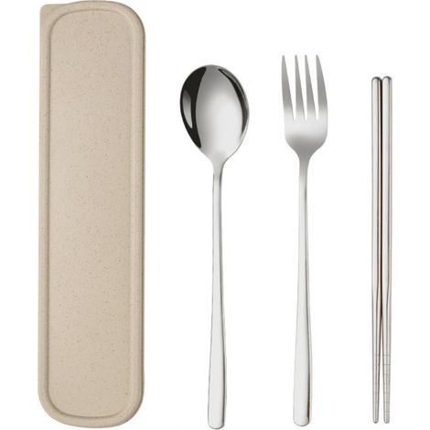 Set Couverts Portatif - Baguettes Fourchette Cuillère En Acier Inoxydable - Pour Voyage Camping Pique-Nique Bureau École - 3 Pièces Avec Étui (1/5)