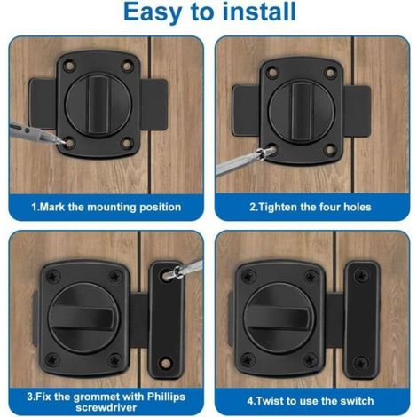 Verrou loquet pour porte intérieure - Lot de 2 - Finition noire en alliage de zinc - Petit verrou de sécurité fourni avec vis de fixation (1/5)