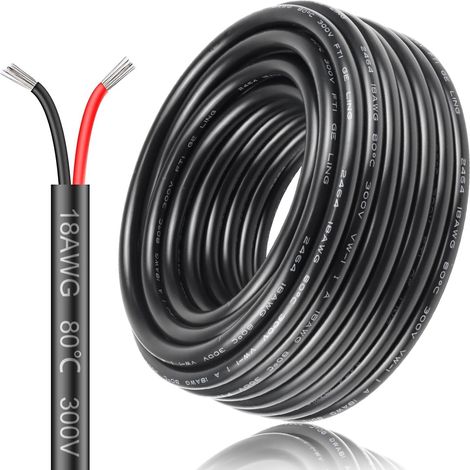 Câble électrique 18 AWG 2 x 0,75 mm² - 30 m - Câble électrique à 2 fils - 5 V/12 V/24 V - Câble de terre en cuivre étamé - 300 V - Flexible et souple - Résistance aux températures élevées - 30 m (1/5)