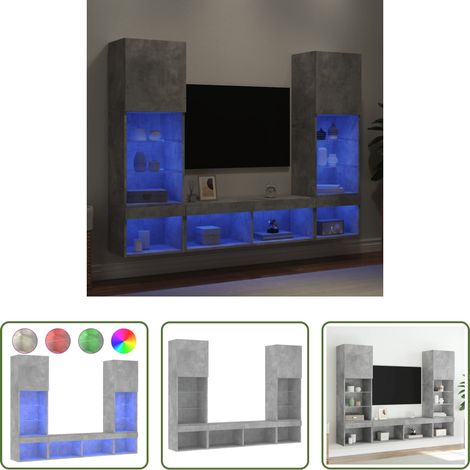LED-Beleuchtung - 5-tlg. Wohnwand mit LED-Beleuchtung Betongrau Holzwerkstoff (1/5)