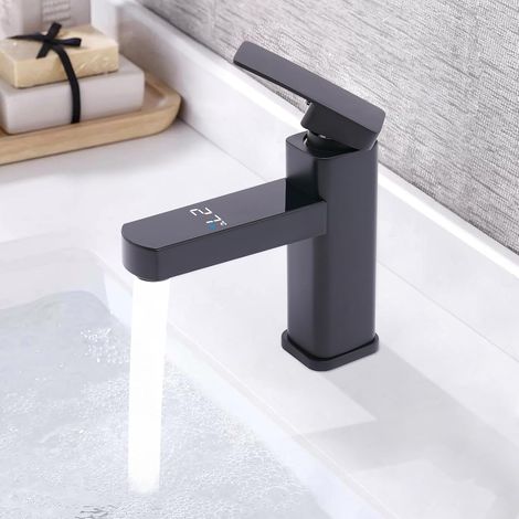 LED Waschtischarmatur Schwarz Wasserhahn Bad Waschbecken Mischbatterie Einhebel Kalt und Heißwasser Wasserfall Waschtischarmatur mit Digitaler Anzeige (1/5)
