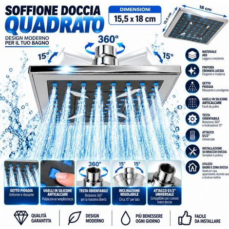 Soffione Doccia 15,5x18cm ad Alta Pressione Cromato in ABS Getto Pioggia G1/2" (1/5)