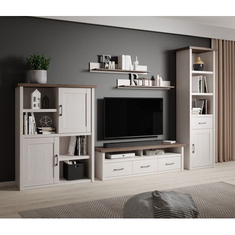 TV Möbel Set im Landhausstil LUND-78 in Pinie weiß Nb./Trüffel Eiche Nb., B/H/T: ca. 344/201/43 cm (1/5)