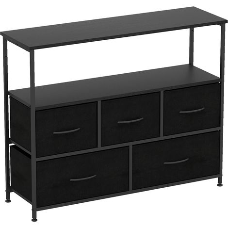 Breite schwarze Kommode mit 5 Schubladen und 2 offenen Regalböden