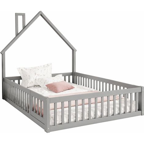 Lit Enfant 140×200 cm, Lit Simple avec Barrières de Sécurité et Design Cheminée, sans Matelas, en Pin Gris (1/5)