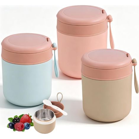 Set di 3 contenitori termici in acciaio inox da 430 ml, set di 3 ciotole termiche con cucchiaio, isolamento sottovuoto per bambini (blu + rosa + verde) (1/5)
