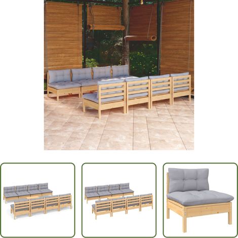 Terrassensofa - 9-tlg. Garten-Lounge-Set mit Grauen Kissen Kiefer Massivholz (1/5)