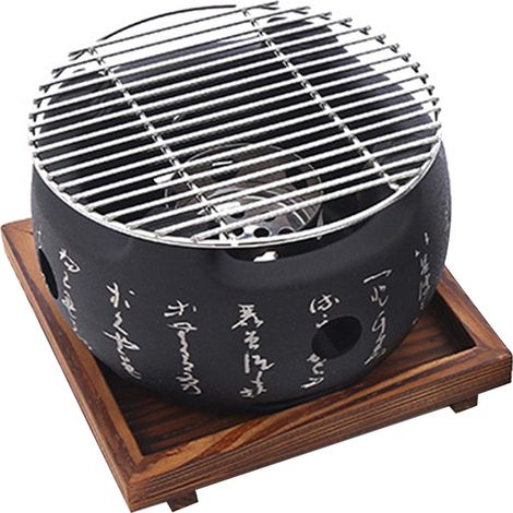 Barbecue à charbon de table rond portable avec grille métallique et base en bois, pour camping, randonnée, pique-nique (1/5)