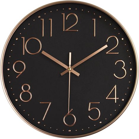 Geräuschlose Kunststoff-Wanduhr – Schwarzes und roségoldenes Zifferblatt, modernes rundes Design (1/5)