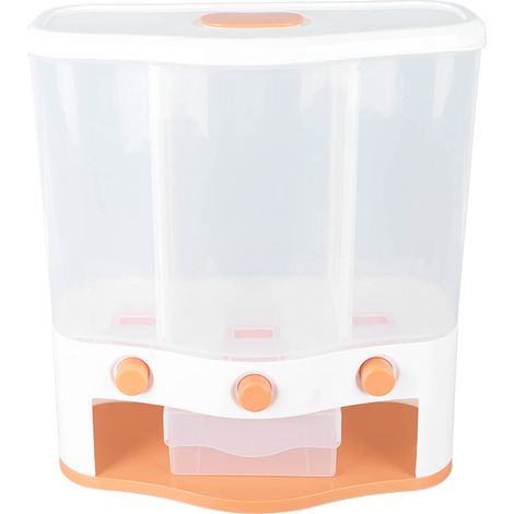Boîte distributrice de céréales à 3 compartiments, 6 litres, grande capacité, fenêtre transparente, récipient de rangement pour riz et céréales avec couvercle pour aliments secs, orange (1/5)