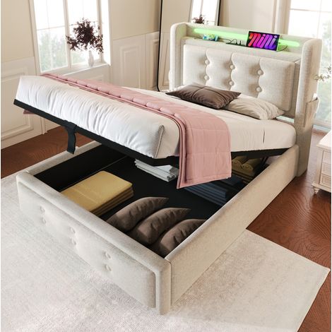 Letto imbottito 90x200 cm Beige in cotone-lino, testiera con USB, LED e contenitore con pistone a gas (1/5)