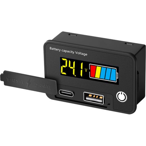 Voltmètre numérique à deux fils 8-30 V CC, testeur de capacité de batterie, voltmètre à double sortie USB-C/A, affichage numérique, alarme de basse tension et fonction de mémorisation des coupures de (1/5)