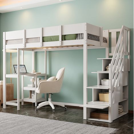 Cama alta de madera de pino blanca 90x200 cm con escalera de almacenaje, estante y somier de láminas (1/5)