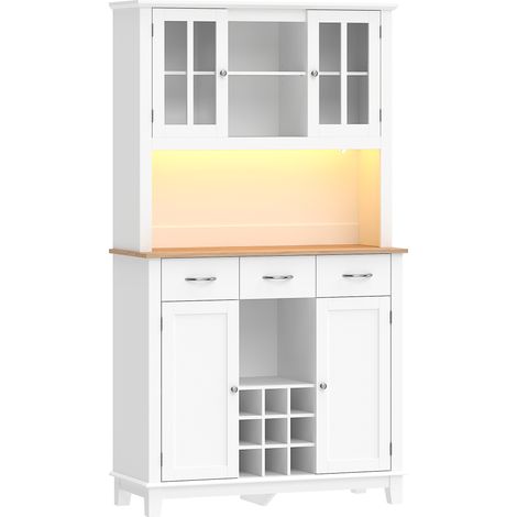 Buffet haut avec éclairage LED, vaisselier 4 portes (2 vitrées), tiroirs, rangement bouteilles, blanc (1/5)