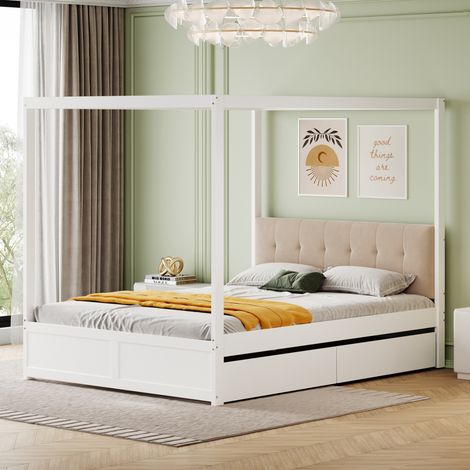 Bett mit Stauraum aus Metall und Holzwerkstoff, weiß, 140x200 cm, mit gepolsterter Rückenlehne (1/5)