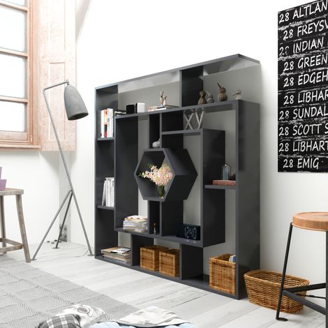 Decorotika Labrina Geometric Biblothèque  Hexagonal Bookshelf Room Divider EtagerDecorotive Storage ShelvingFreestanding Bookshelf-Noir (1/4)