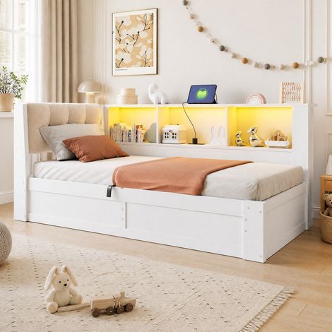 Lit coffre 90 x 200 cm avec rangement hydraulique, LED dimmable, étagère et USB, blanc OKMYHOME (1/5)