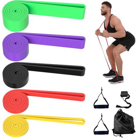 5 Tailles Bandes Élastique Musculation, Bande de Resistance Traction Latex, Elastiques de Fitness avec Poignées Ancrage de Porte et Sac de Transport, pour Fitness, Yoga, d'Étirement, Pilate (1/5)