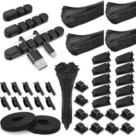 Kit Gestion Cables - Manchon Tressé PET Auto-enroulant 4x50 cm - Fixations Autocollantes Carrées/Rectangulaires/Poreuses - Rubans Velcro et Nylon - 129 Pièces (1/5)