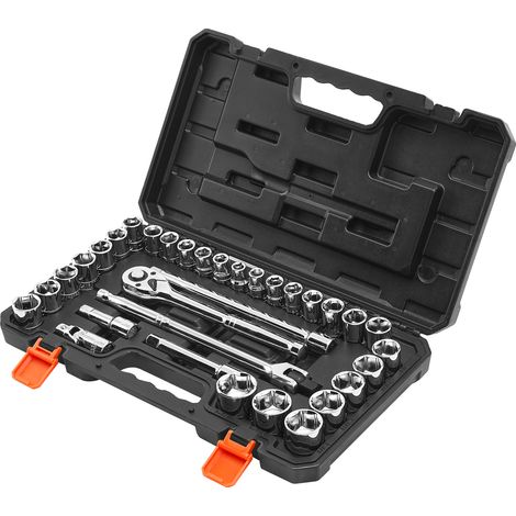 Mophorn Set di Bussole, 33 Pezzi, Set di Bussole e Cricchetti da 12,7 mm, SAE e Metriche, con Chiave a Cricchetto, Barra di Prolunga e Custodia, Acciaio Legato CR-V, per Riparazioni Automobilistiche (1/5)