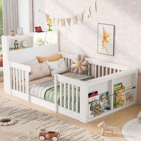 Lit en bois 90 x 190 cm, avec barrière de sécurité haute, port USB et veilleuse intégrés, compartiment de rangement au pied du lit, lit simple, blanc (1/4)