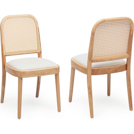 Set di 2 sedie da pranzo in legno con schienale in rattan e seduta in lino (1/5)