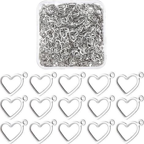 250 pendentifs ouverts en acier inoxydable 304, forme cœur, couleur acier inoxydable, dimensions : 10 x 14 x 0,8 mm, trou : 1,4 mm (1/5)