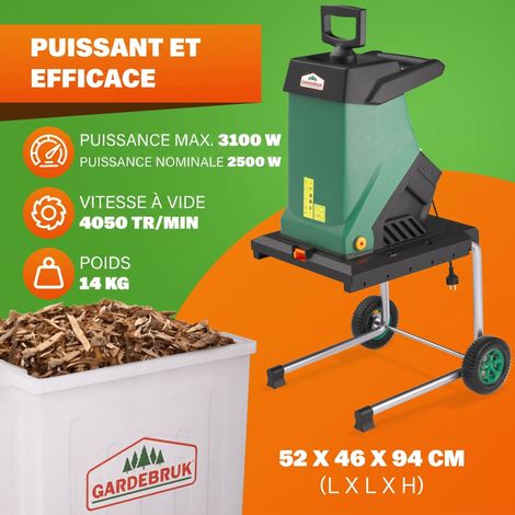 Broyeur de branches vegetaux jardin électrique 3100 W 50 L déchiqueteur jardin branches arbustes 40 mm