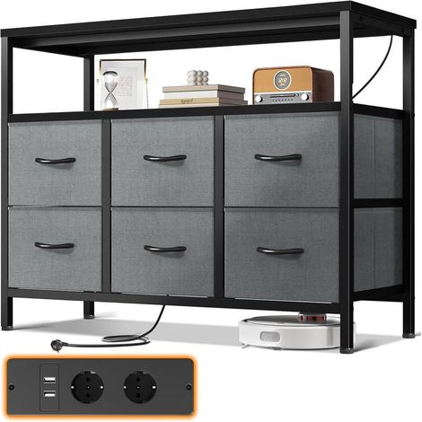 Schubladenschrank mit 6 Stoffschubladen, 2 Steckdosen & 2 USB, Schwarz (1/5)