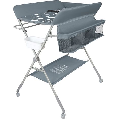 Table à langer pour bébé avec roues, station à langer pliante portable à hauteur réglable avec panier de rangement pour nouveau-né et nourrisson Gris Foncé