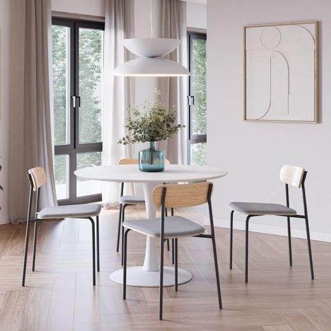 Table ronde blanche + 4 chaises bois taupe et métal noir - CANTIQUE (1/5)