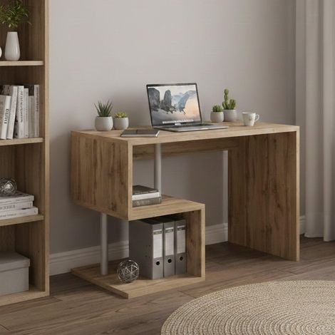 Bureau linéaire support PC, Table de bureau polyvalente, Bureau gain de place multiposition, 100x50h78 cm, Chêne (1/5)