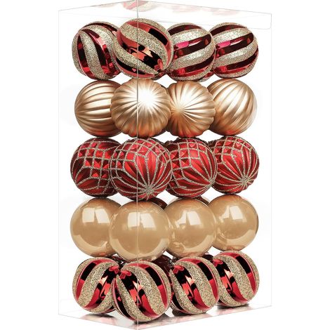 Lot de 30 Boules de Noël colorées en Plastique incassable pour Sapin de Noël, décoration de fête, Mariage (60 mm, Rouge et doré)