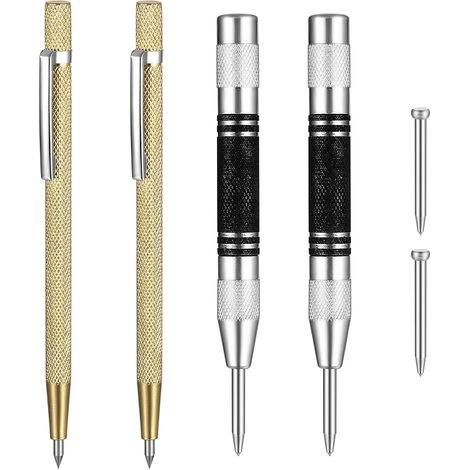 2 Pcs Pointeau Automatique + 2 Pcs Pointe à Tracer en Carbure de Tungstène, Pointeau Central Automatique, Stylos à Tracer en Métal, Poincon Poinçons Centraux à Ressort Tension pour Bois Verre Metal (1/5)