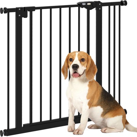 Barrière pour chiens animaux 2 rallonges largeur réglable jusqu’à 87 cm, fixation sans trous auto-fermeuse noire