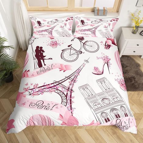 Parure de Lit 220x240cm Rose Housse de Couette Paris Décor Sets de Housse de Couette Valentines Parure Housse de Couette pour Adultes et Ados Microfibre (1/4)