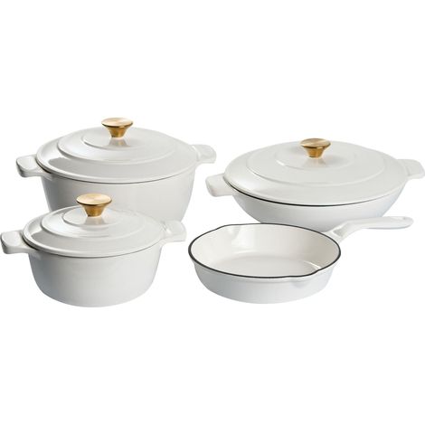 Set di pentole e padelle in ghisa smaltata da 7 pezzi, adatte al forno e tutti i tipi di piano cottura bianco sporco Ferrano