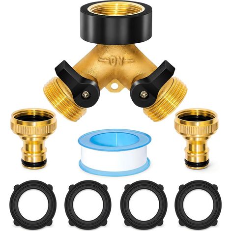 2 Way 3/4" Y Water Splitter with Separate Valve, Set Includes 2 Fittings and 1 Roll of Sealing Tape, for Washing Machine, Kitchen, Garden and Lawn (1/5)