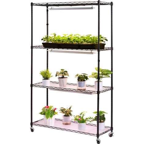 Mophorn Pflanzenregal mit Wachstumslicht 90x35x150 cm, 4-stufiger Pflanzenständer mit Rollen, 90 W Vollspektrum-LED-Lichter in drei Farbmodi, Metall-Blumentopfhalter für Keimung und Pflanzenzucht (1/5)