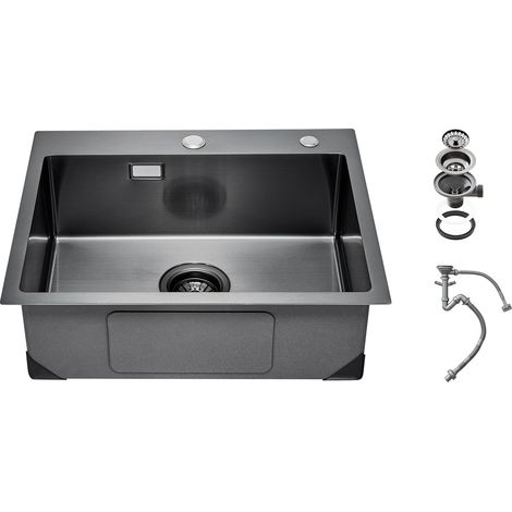 Évier de cuisine 68 cm, évier à montage par le haut en acier inox 304, évier à poser à encastrer cuve simple avec accessoires, évier de lave-vaisselle ménager pour camping-car cuisine bar, noir (1/5)