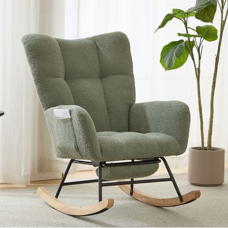 Sedia a dondolo in tessuto teddy con pouf, schienale a orecchie, braccioli, base in legno - verde (1/5)