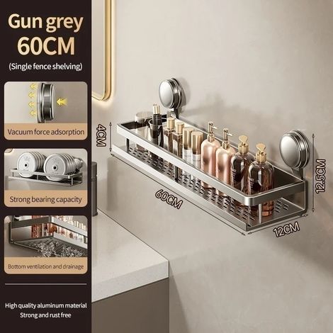 (Gris XP 60 cm) Étagère de salle de bain adhésive à ventouses, sans perçage, en aluminium, à suspendre au mur. (1/5)