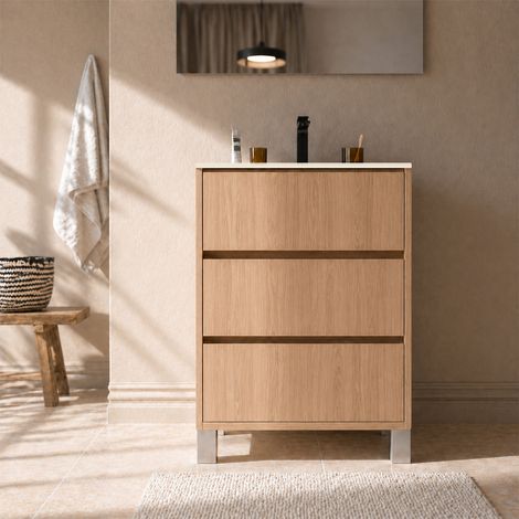 pack meuble salle de bains 50cm chêne clair 3 tiroirs avec vasque céramique blanche - xenos (1/5)