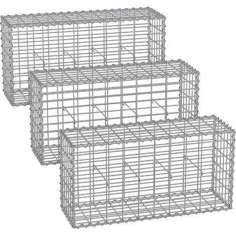 Juego de 3 gaviones para piedra jaula metálica cesta de piedra malla de 5 x 10 cm galvanizado para pared parterre decoración de jardín 100 x 50 x 30 cm gris 120005958