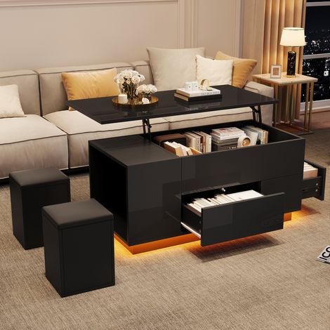 Table basse relevable 100x50x45 cm noire en panneau de particules avec LED, rangement caché et 2 tabourets (1/5)