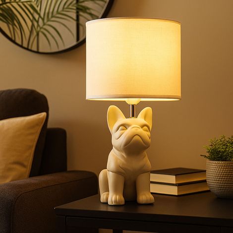 Tischlampe Bulldogge Hund Tischleuchte Keramik Nachttischlampe sandfarben Wohnzimmerlampe, Textil, 1x E27, LxH 23,3 x 40 cm